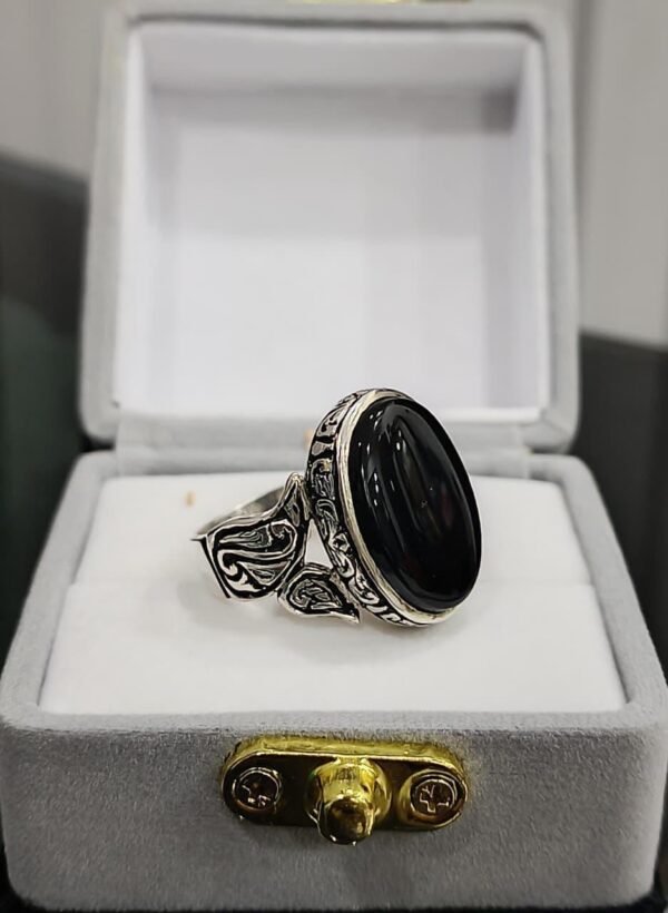Handcrafted Sterling Silver Black Onyx Ring: Floral Band, Elegant Mens Jewelry - Image 9