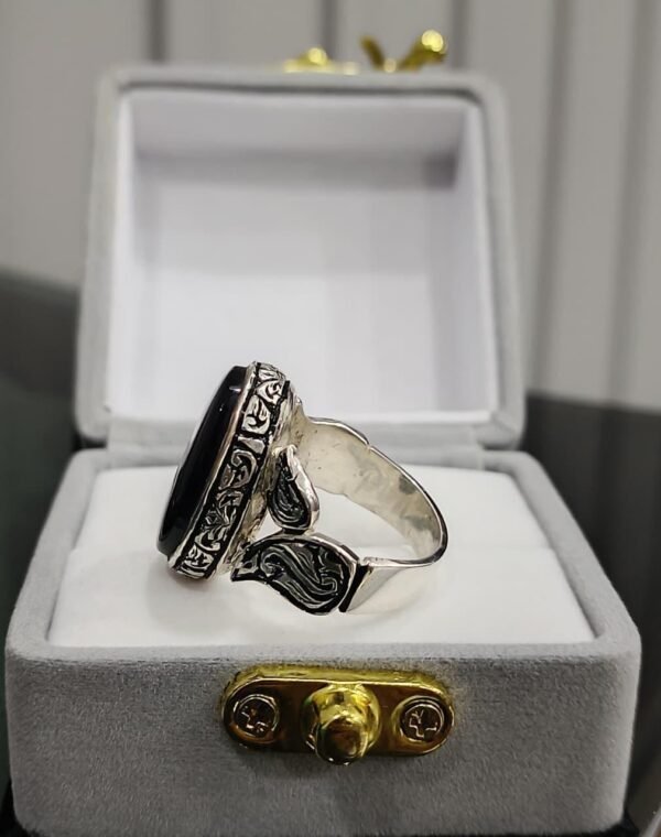 Handcrafted Sterling Silver Black Onyx Ring: Floral Band, Elegant Mens Jewelry - Image 10