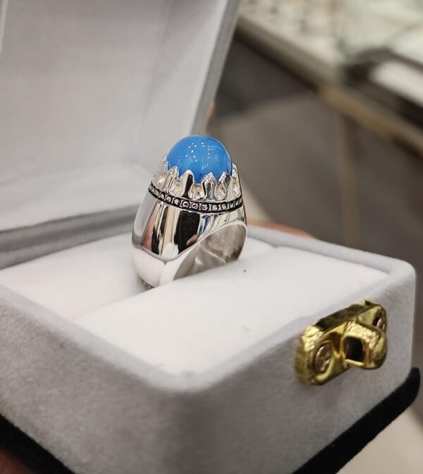 Blue Agate Aqeeq Ring for Men | Natural Gemstone Ring | Silver Plated Handmade Ring | Islamic Aqeeq Stone | Healing Energy Crystal Ring - Image 2