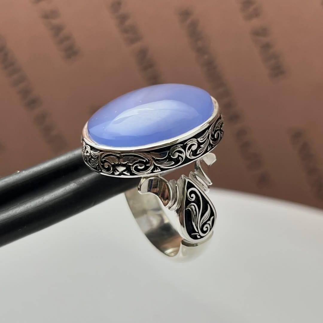 Purple Agate Aqeeq Ring: Sterling Silver Handmade Statement Ring