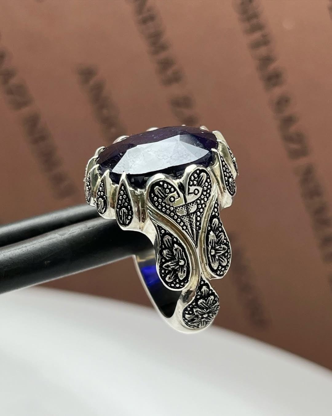 Dark Blue Sapphire Ring - Sterling Silver Handmade Statement Ring