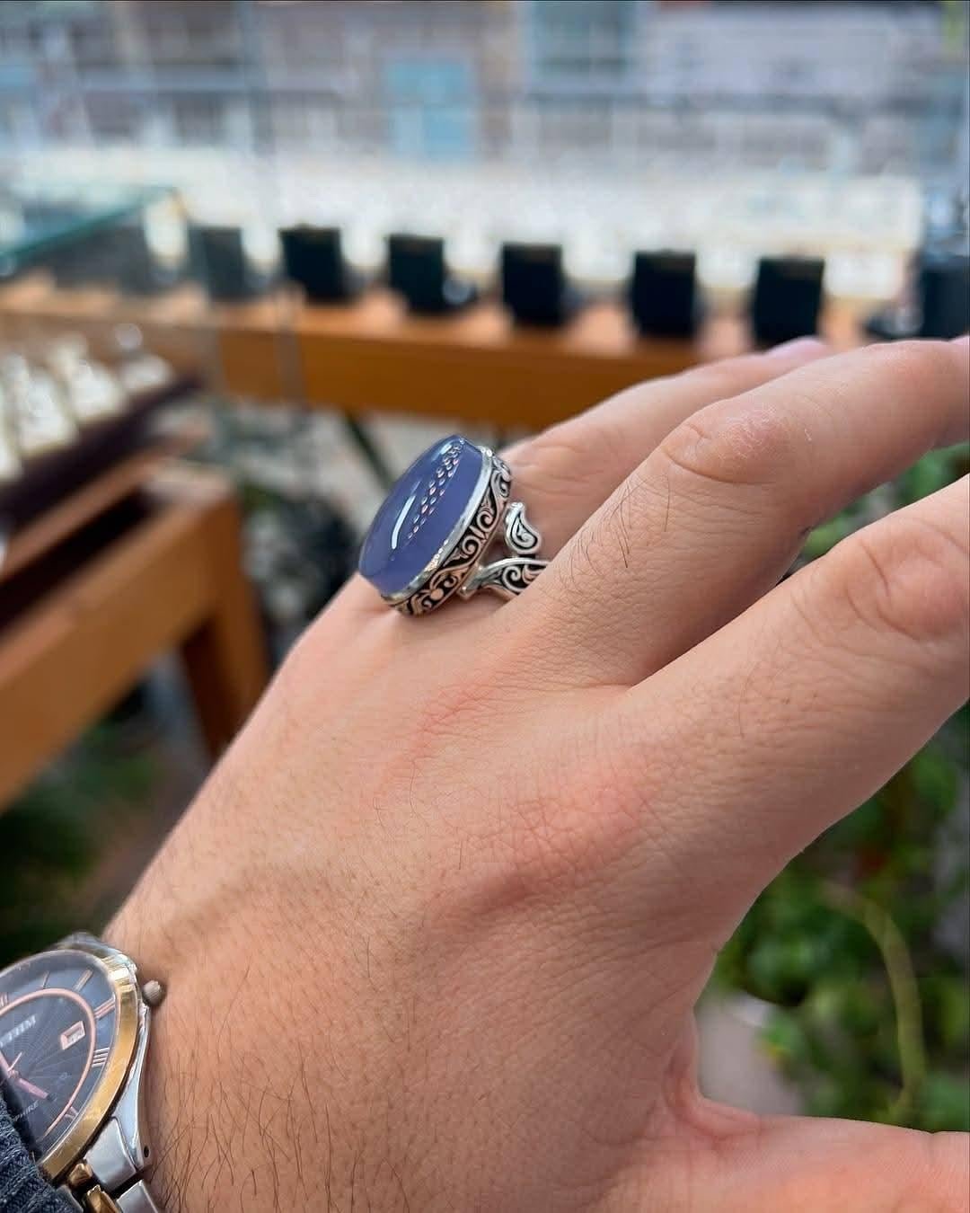 Handcrafted Sterling Silver Purple Onyx Agate Ring Engraved Ring: Floral Band, Elegant Mens Jewelry - Image 4