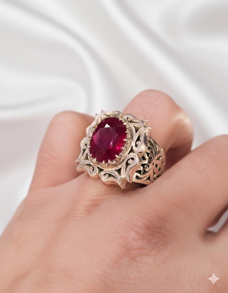 Natural Ruby Mens Ring: Engraved rings Vintage 925 Sterling Silver, Oval Gemstone, Islamic rings - Image 2