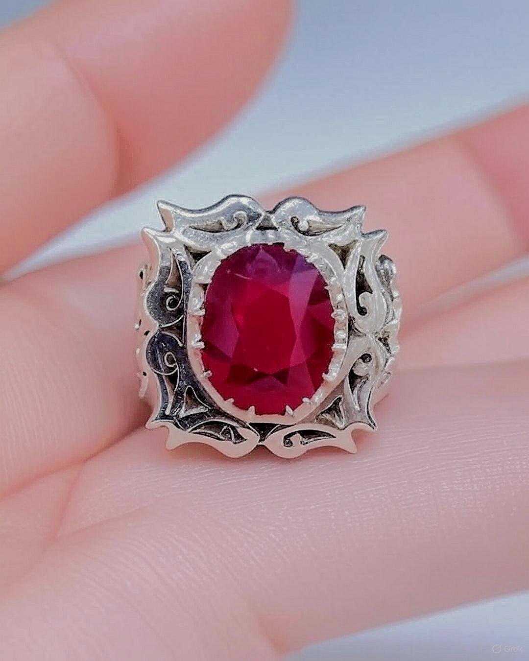 Natural Ruby Mens Ring: Engraved rings Vintage 925 Sterling Silver, Oval Gemstone, Islamic rings - Image 4