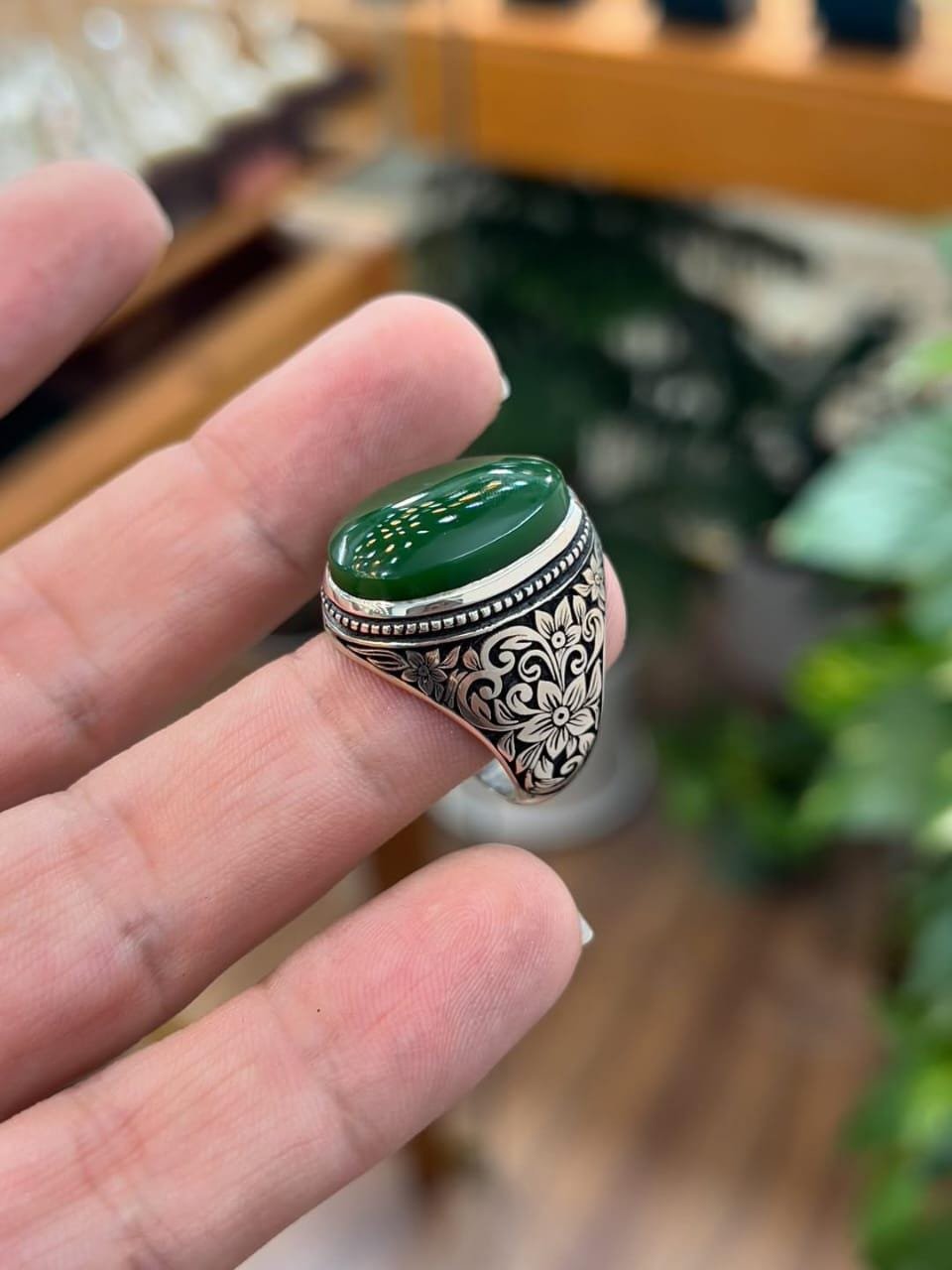 Handmade Sterling Silver Green Jade Ring: Engraved Vintage Boho Style - Image 2