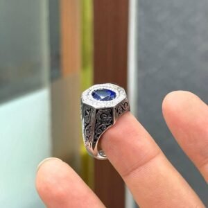 Dark Blue Sapphire Ring: Sterling Silver Handmade Islamic Design