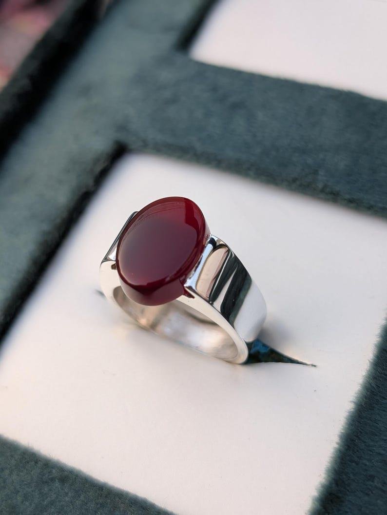 Dark Red Agate Aqeeq Silver Ring: Handmade Gemstone Statement