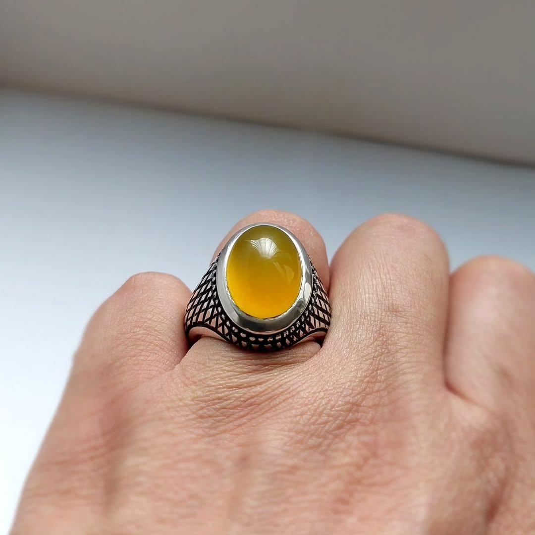 Yellow Aqeeq Agate Ring: Sterling Silver Islamic Healing Stone - Image 2