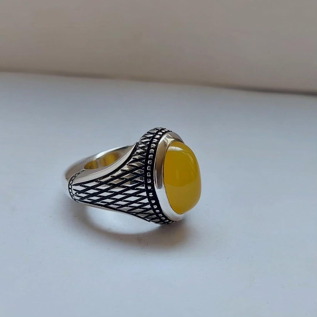 Yellow Aqeeq Agate Ring: Sterling Silver Islamic Healing Stone - Image 4