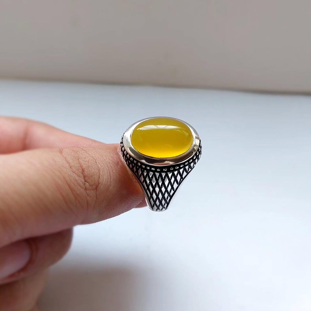 Yellow Aqeeq Agate Ring: Sterling Silver Islamic Healing Stone - Image 8
