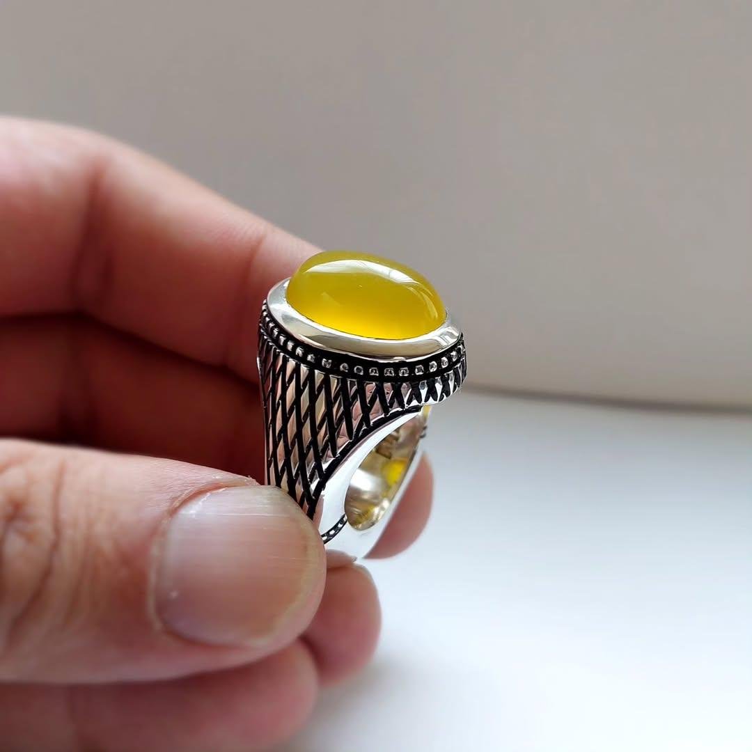 Yellow Aqeeq Agate Ring: Sterling Silver Islamic Healing Stone - Image 3