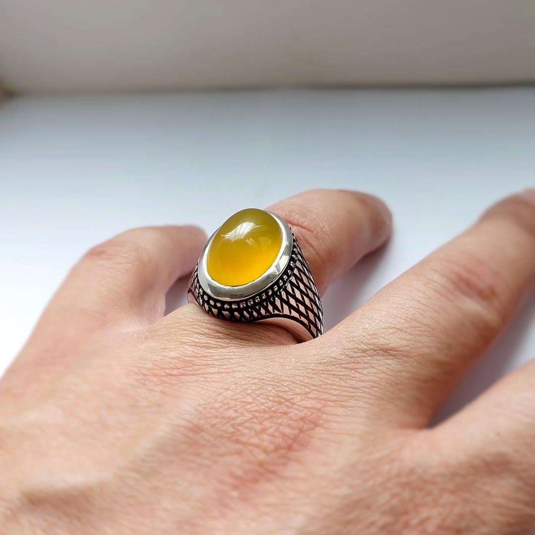 Yellow Aqeeq Agate Ring: Sterling Silver Islamic Healing Stone - Image 5