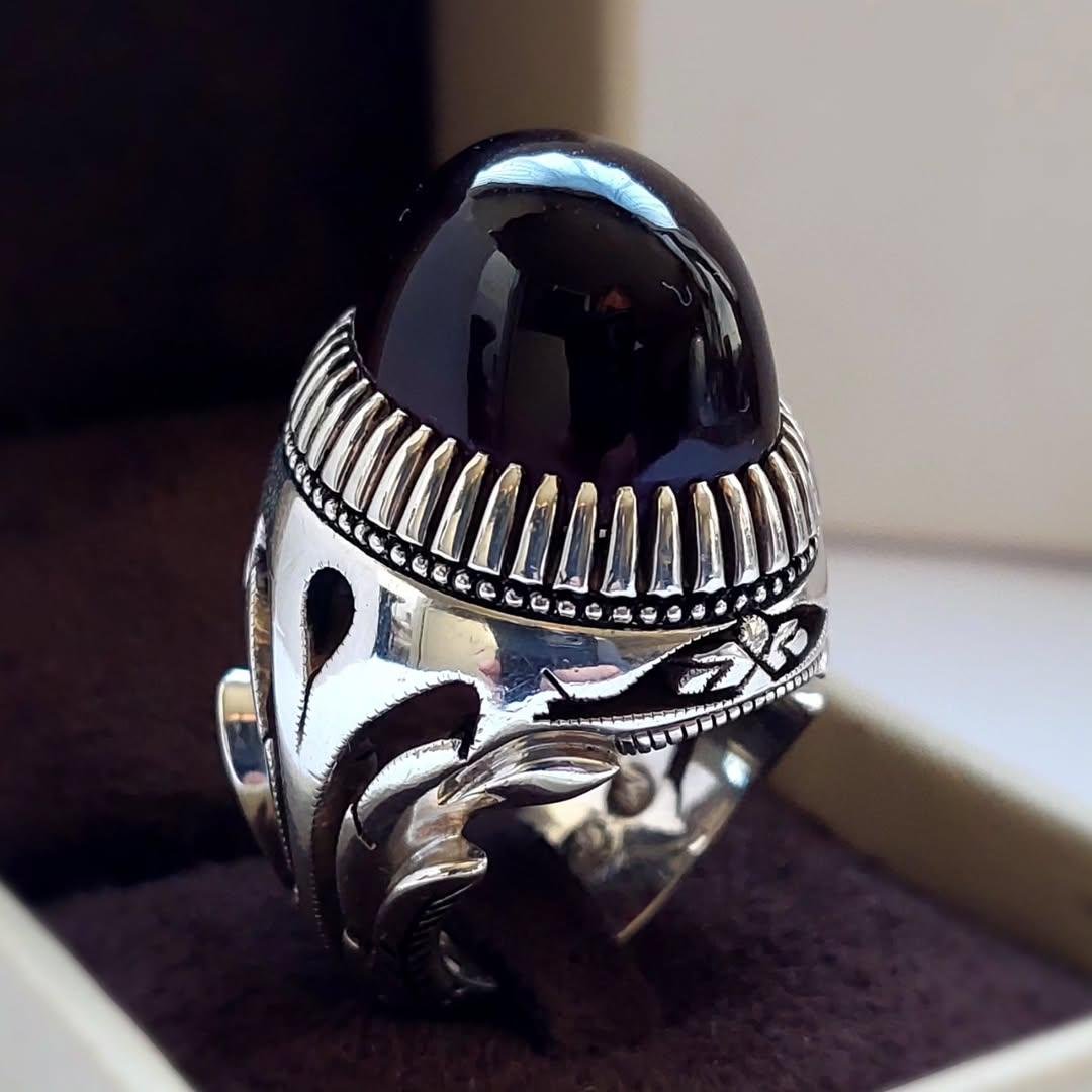 Black Agate Aqeeq Ring for Men: Sterling Silver Islamic Jewelry - Image 4