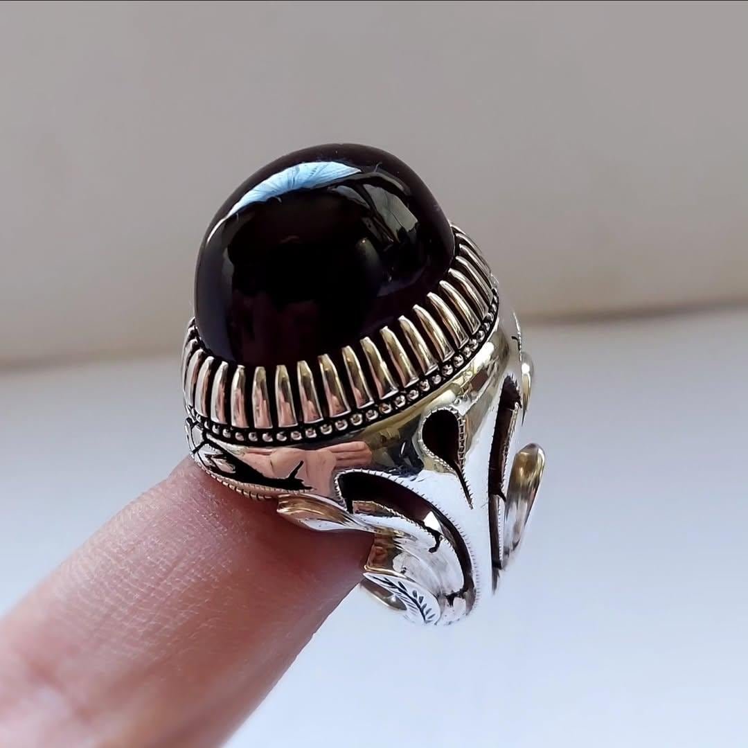 Black Agate Aqeeq Ring for Men: Sterling Silver Islamic Jewelry