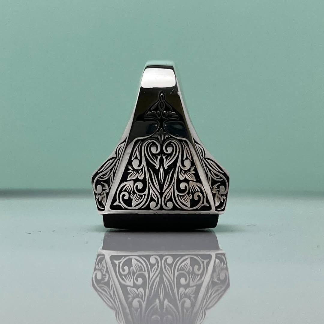 Handmade Black Agate Ring: Sterling Silver Gothic Signet, Engraved Onyx - Image 2