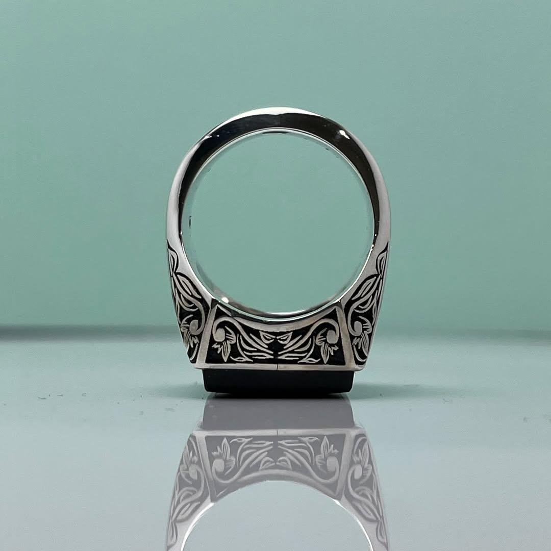 Handmade Black Agate Ring: Sterling Silver Gothic Signet, Engraved Onyx - Image 3