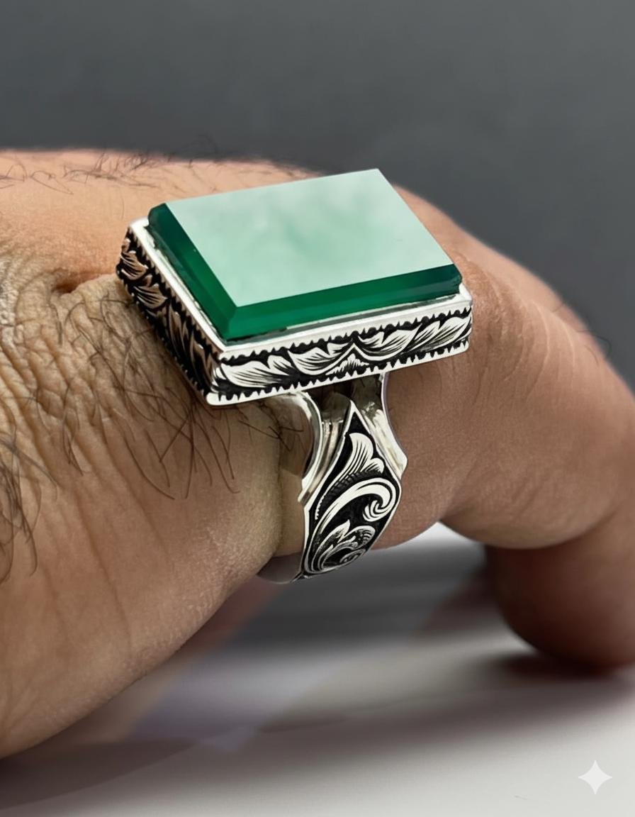 Handmade Sterling Silver Green Jade Ring: Engraved Boho Mens Jewelry - Image 7