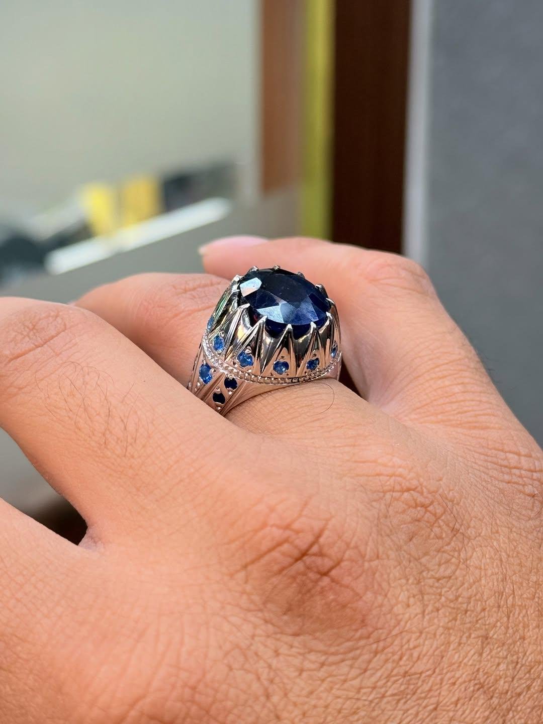 Sterling Silver Men's Ring: Natural Blue Sapphire Islamic Design - Image 2