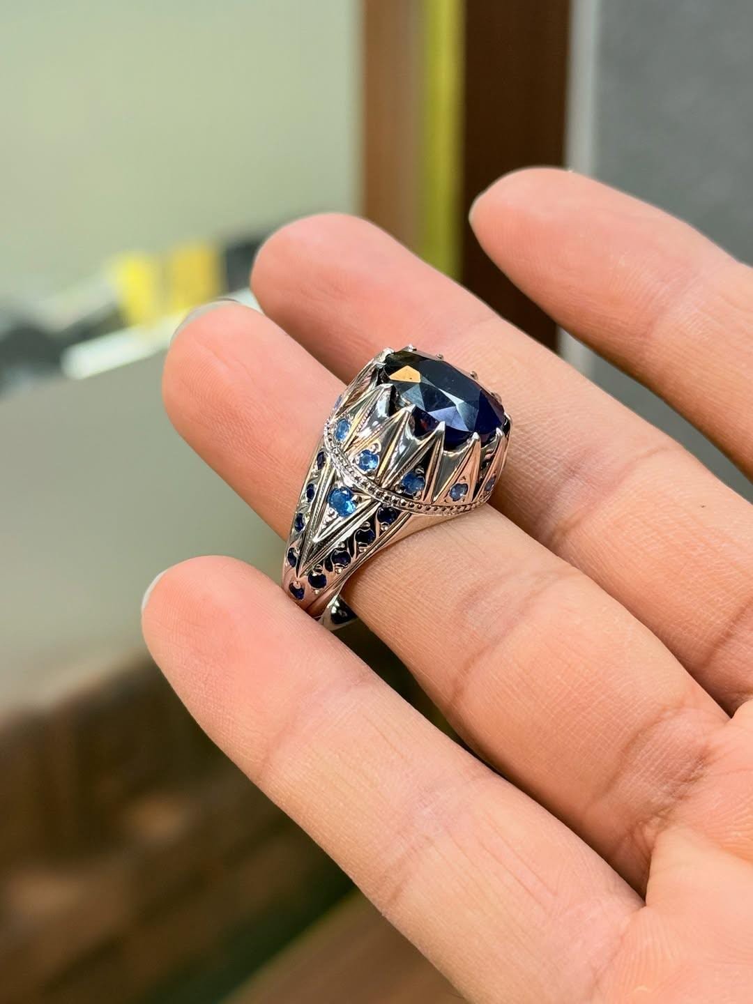 Sterling Silver Men's Ring: Natural Blue Sapphire Islamic Design - Image 5