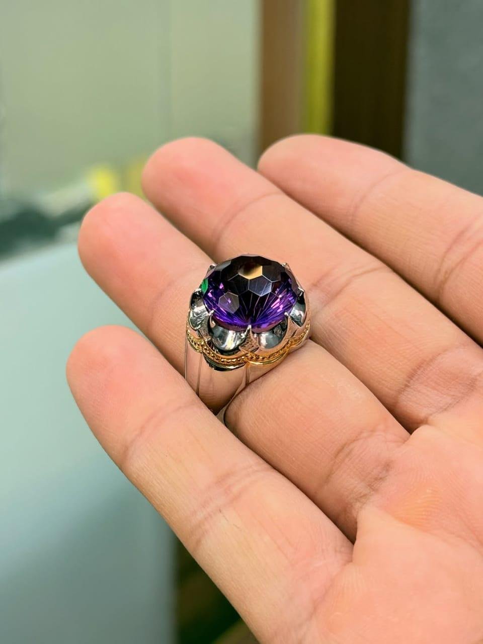 Amethyst Men's Ring: Sterling Silver Band with Gold Accents - Image 3