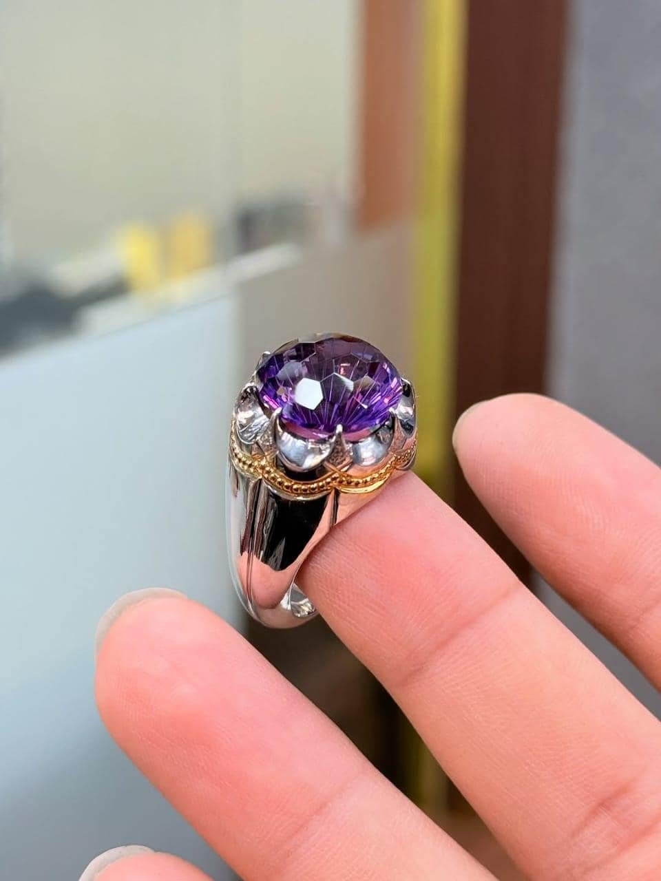 Amethyst Men's Ring: Sterling Silver Band with Gold Accents