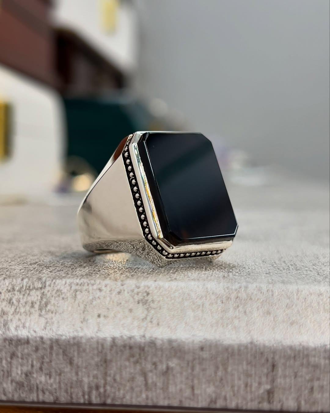 Black Agate Ring for Men: Islamic Ring, Sterling Silver, Islamic Aqeeq Gemstone, christmas gifts, gift for him