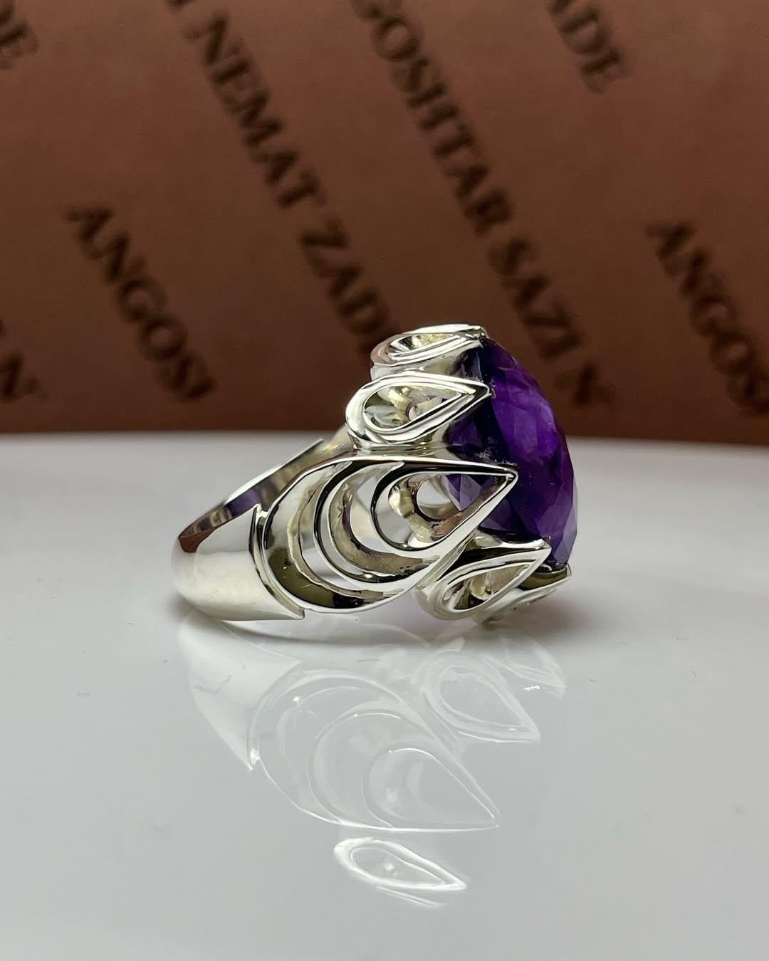 Handmade Amethyst Signet Ring: 925 Sterling Silver, Art Deco Style - Image 3