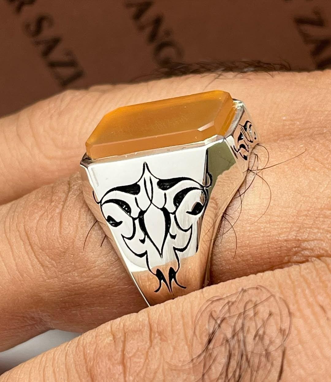 Handmade Yellow Agate Ring: Sterling Silver Gothic Signet - Image 4