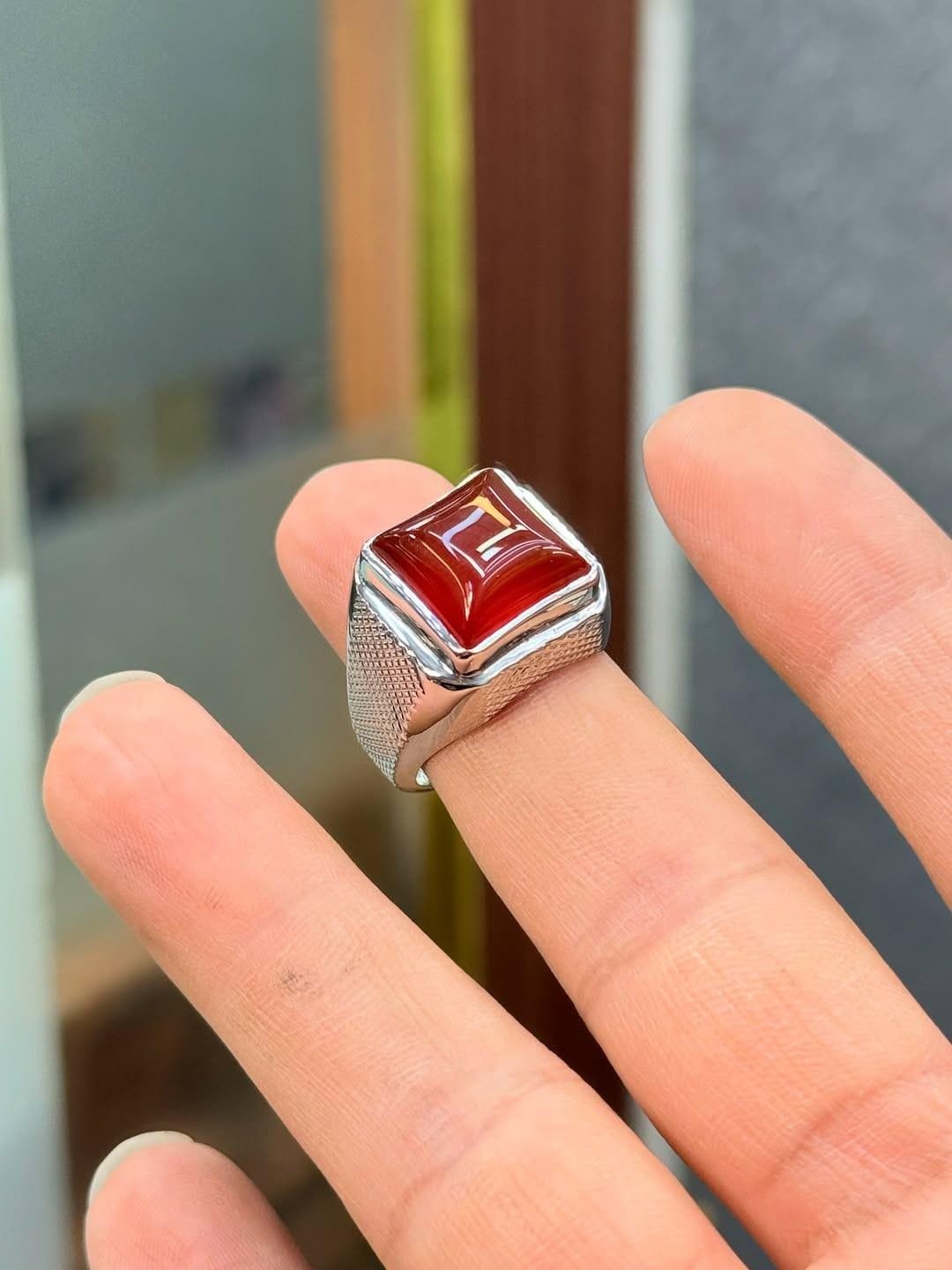 Engraved Sterling Silver Yemeni Aqeeq Ring: Islamic Red Agate Signet - Image 2