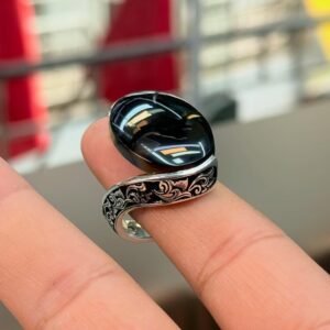Handmade Black Agate Aqeeq Ring: Sterling Silver Islamic Jewelry