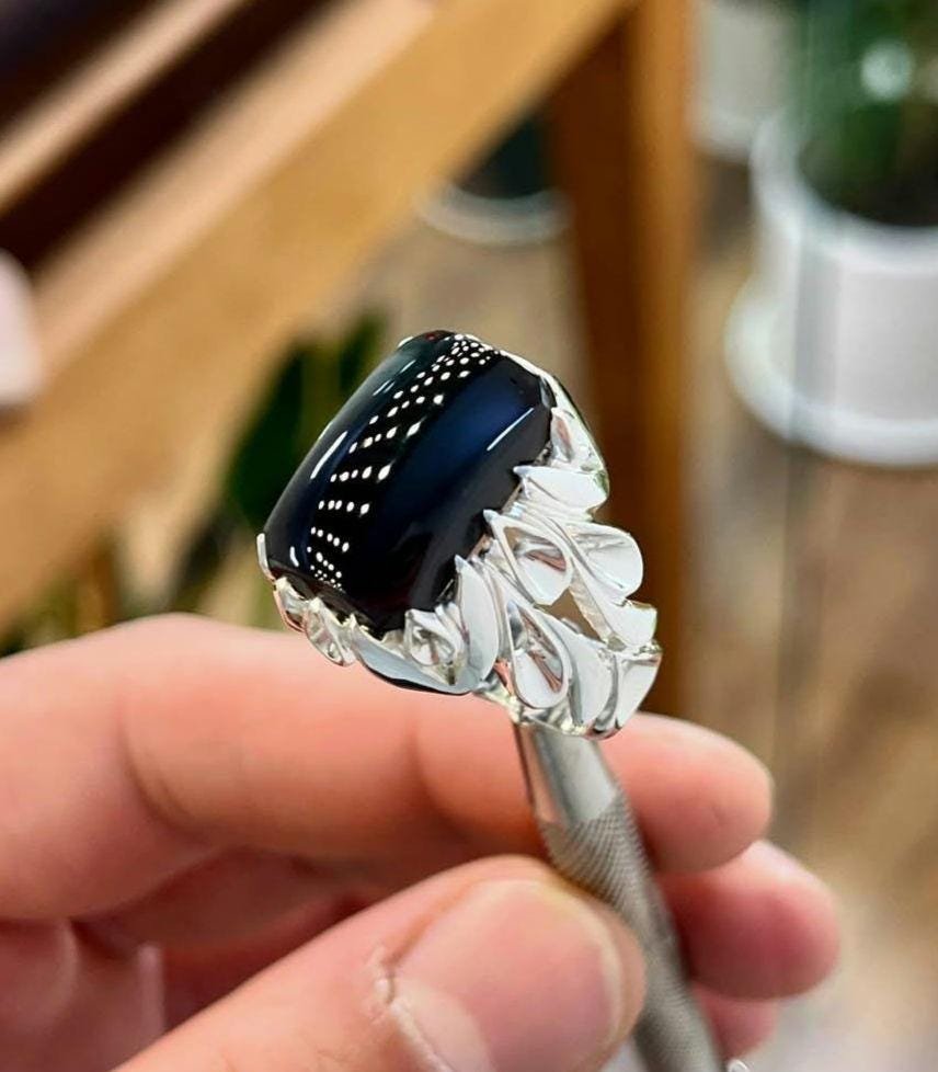 Handmade Black Agate Aqeeq Ring: Sterling Silver Islamic Jewelry - Image 5