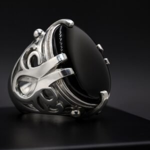 Black Agate Aqeeq Ring: Silver-Plated Yemeni Style