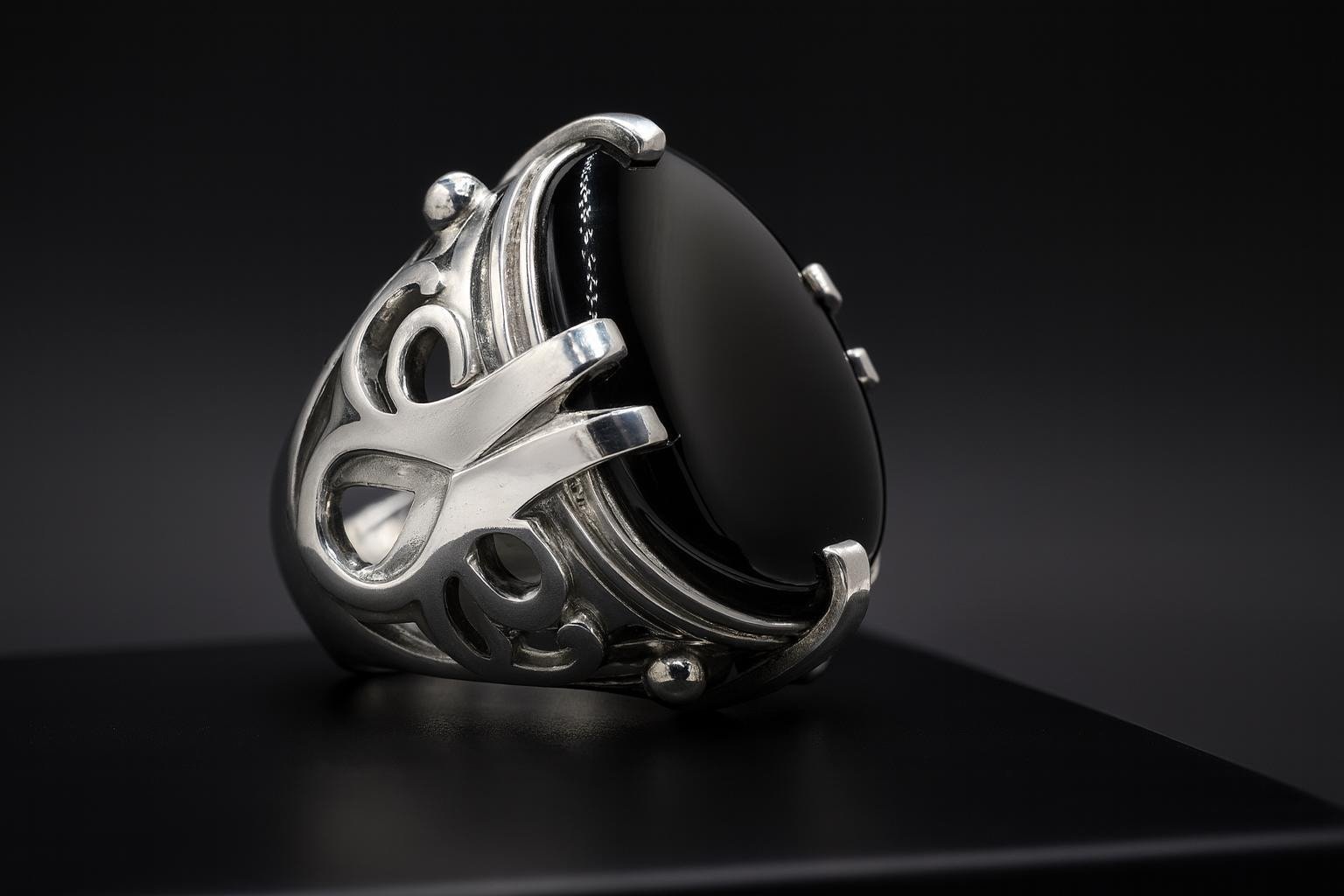 Black Agate Aqeeq Ring: Silver-Plated Yemeni Style