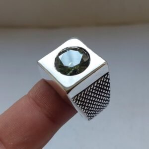 Green Moissanite Silver Ring: Handmade Men's Statement Ring