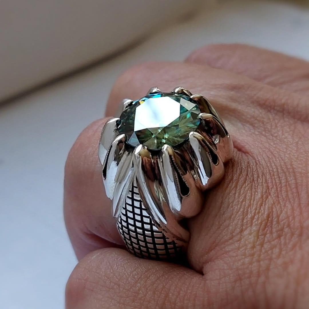 Green Moissanite Ring for Men: Sterling Silver Vintage Statement