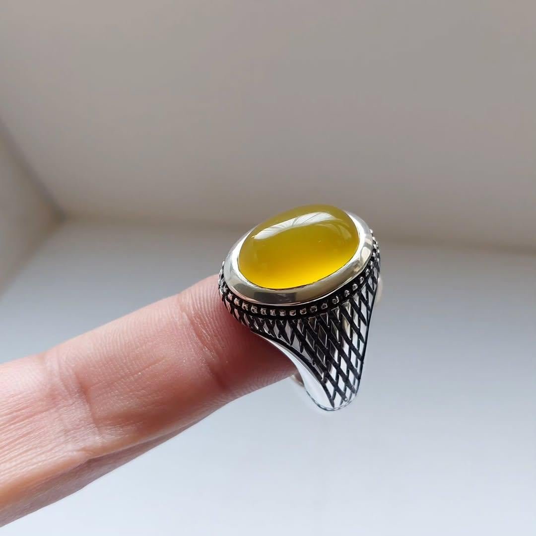 Yellow Aqeeq Agate Ring: Sterling Silver Islamic Healing Stone - Image 6
