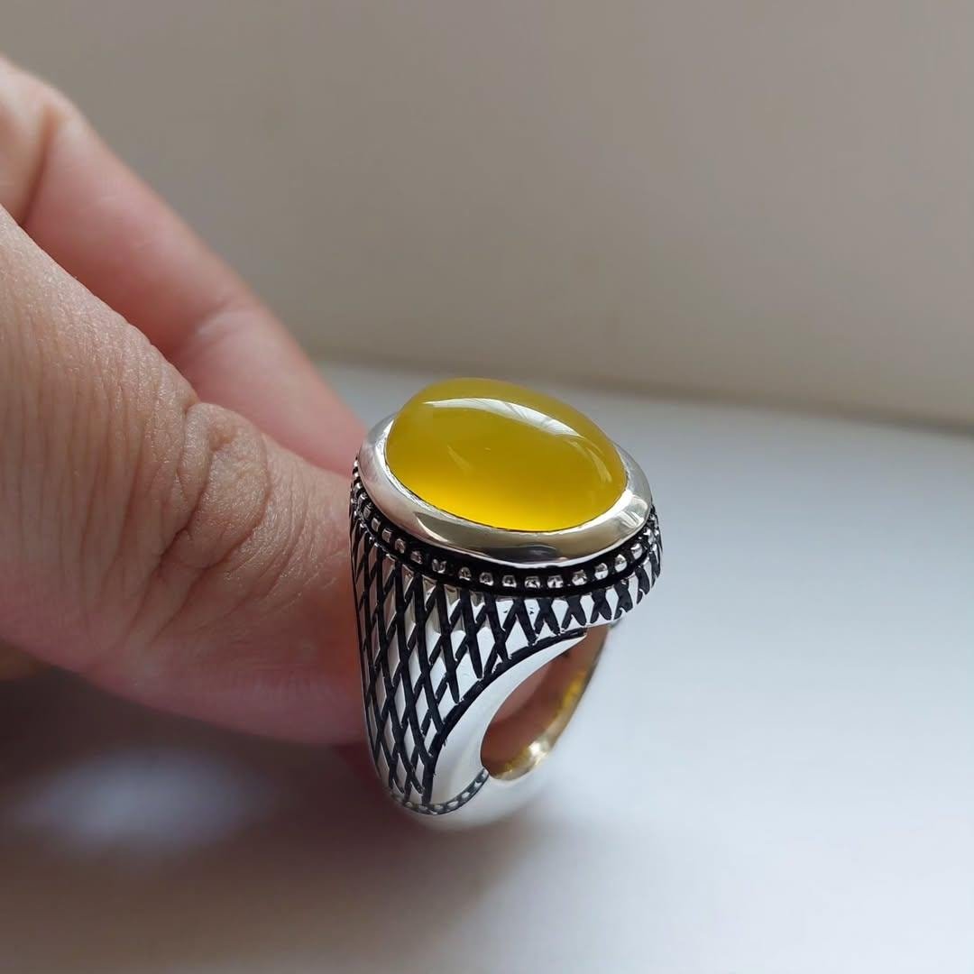 Yellow Aqeeq Agate Ring: Sterling Silver Islamic Healing Stone - Image 7