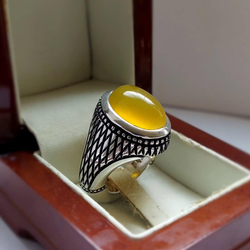 Yellow Aqeeq Agate Ring: Sterling Silver Islamic Healing Stone