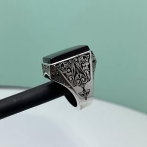 Handmade Black Agate Ring: Sterling Silver Gothic Signet, Engraved Onyx