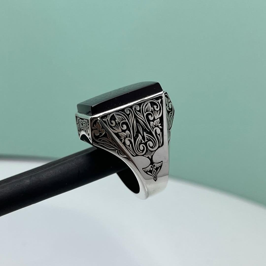 Handmade Black Agate Ring: Sterling Silver Gothic Signet, Engraved Onyx