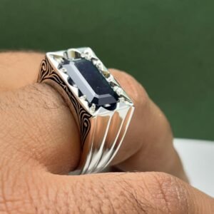 Blue Sapphire Statement Ring for Men: Engraved Sterling Silver