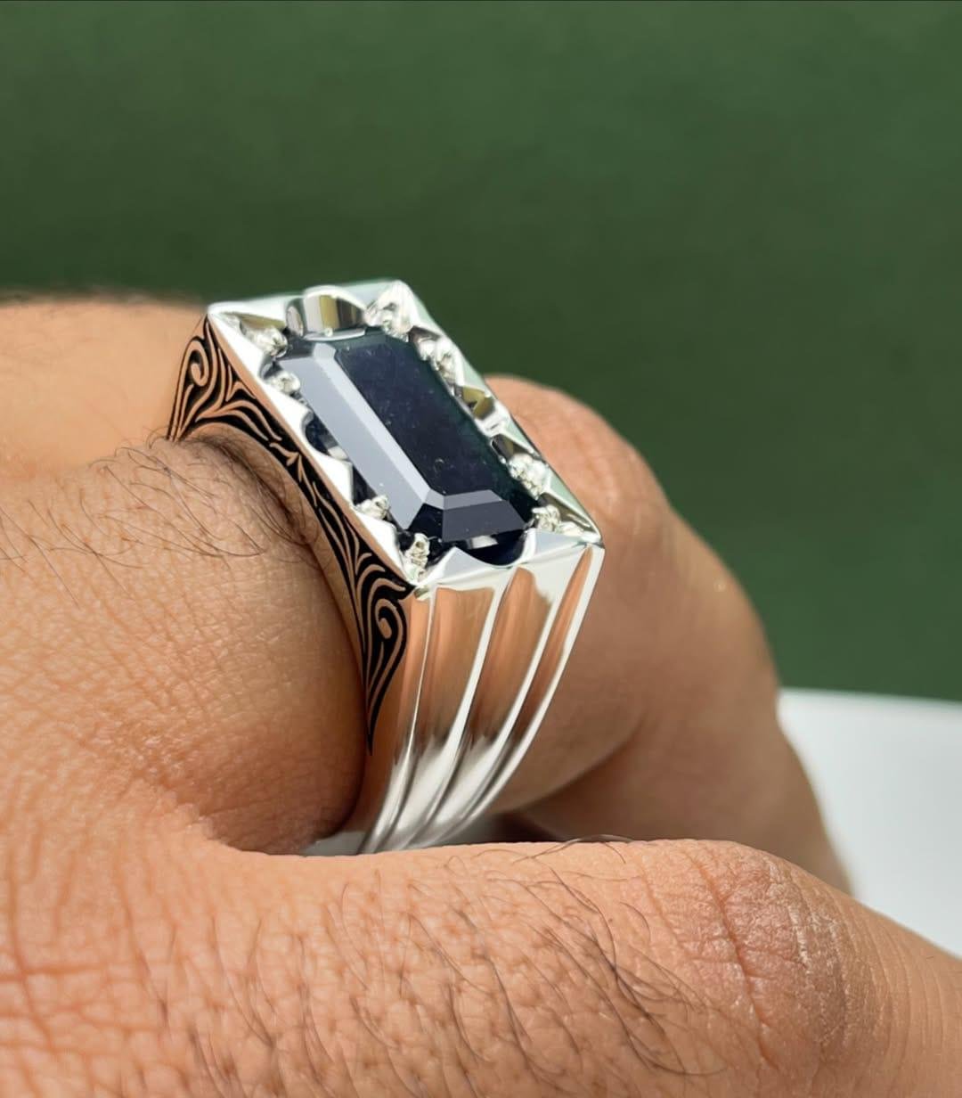 Blue Sapphire Statement Ring for Men: Engraved Sterling Silver
