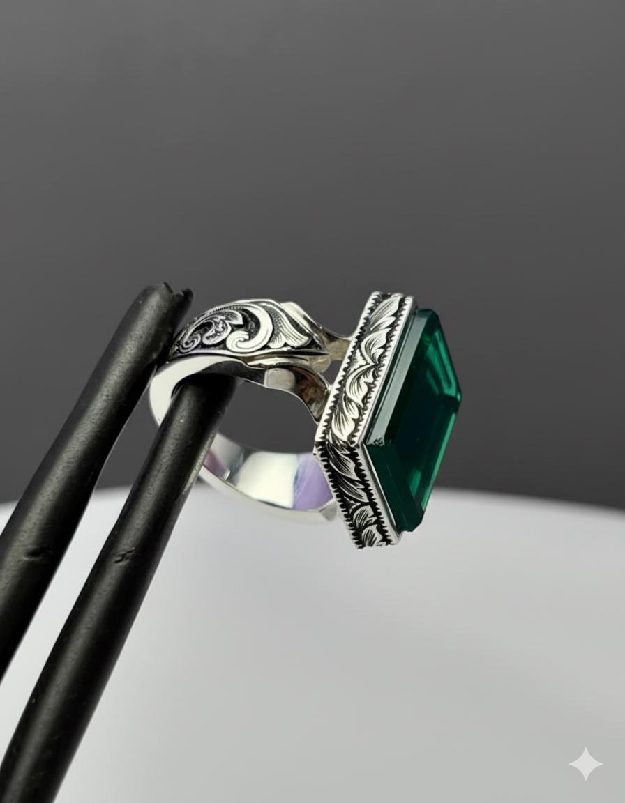 Handmade Sterling Silver Green Jade Ring: Engraved Boho Mens Jewelry - Image 6