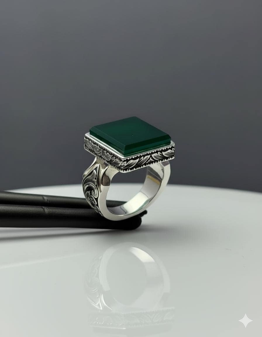 Handmade Sterling Silver Green Jade Ring: Engraved Boho Mens Jewelry - Image 5