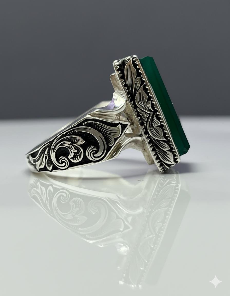 Handmade Sterling Silver Green Jade Ring: Engraved Boho Mens Jewelry - Image 3