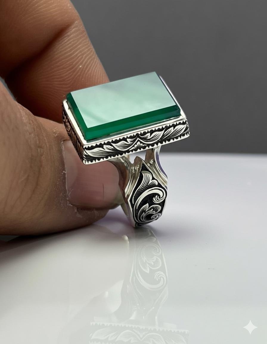 Handmade Sterling Silver Green Jade Ring: Engraved Boho Mens Jewelry - Image 4
