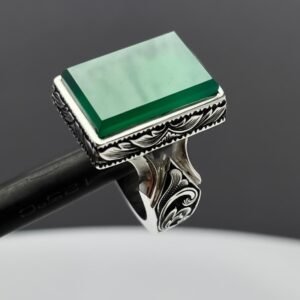 Handmade Sterling Silver Green Jade Ring: Engraved Boho Mens Jewelry