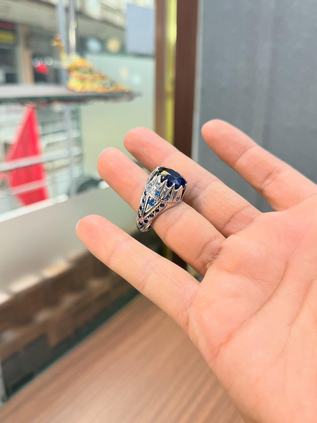 Sterling Silver Men's Ring: Natural Blue Sapphire Islamic Design - Image 3