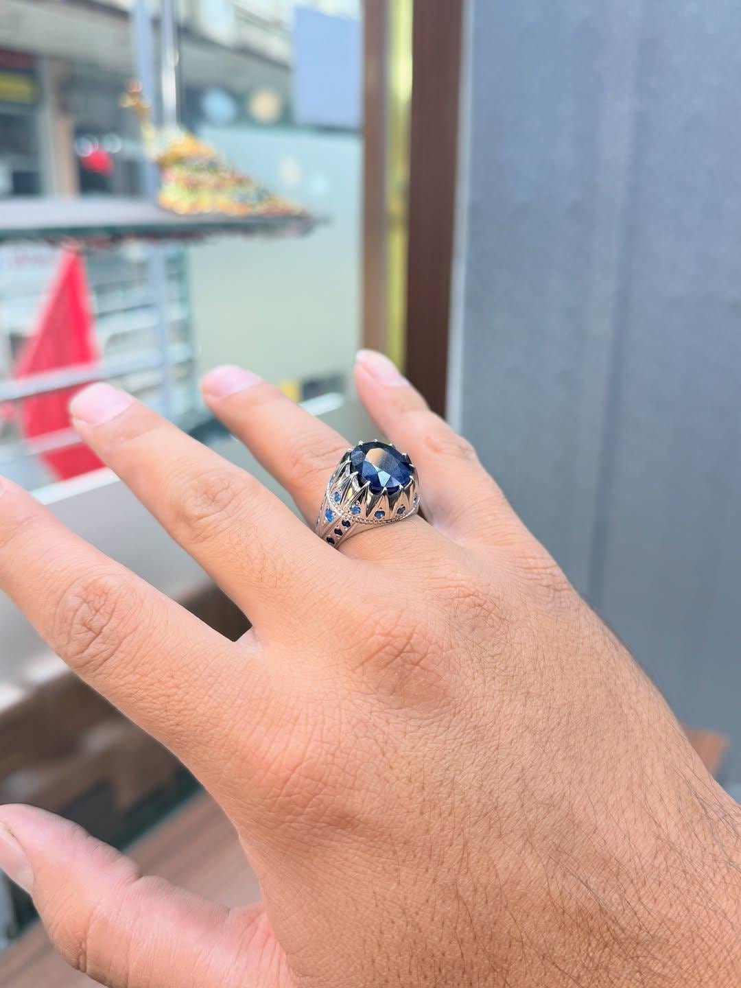 Sterling Silver Men's Ring: Natural Blue Sapphire Islamic Design - Image 4