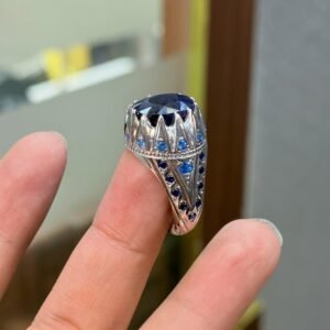 Sterling Silver Men's Ring: Natural Blue Sapphire Islamic Design